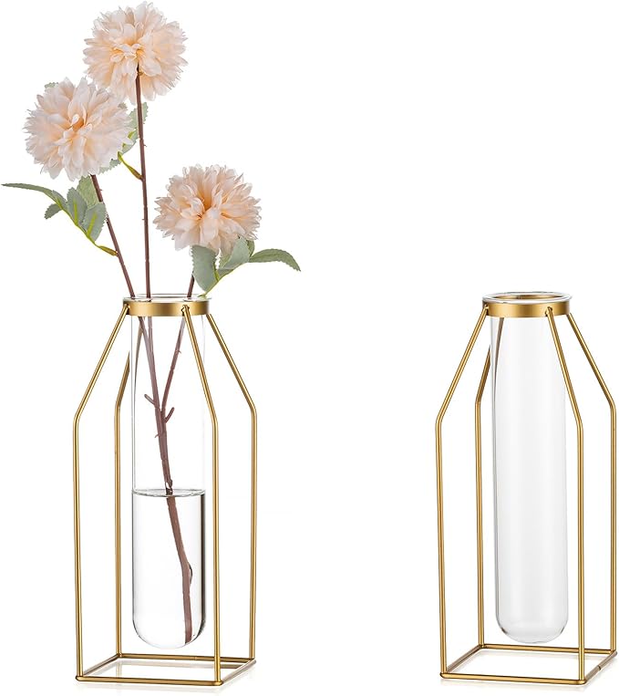 Sziqiqi Glass Tube Vase with Metal Stand - Modern Flower Vase Propagation Station for Plants Minimalistic Wire Square Vase for Room Decor Office Wedding Table Decoration