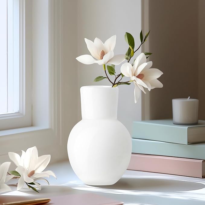 Torre & Tagus 6" Mouth Blown Art Glass Vase for Flowers - Opaque White Small Table Vase & Handmade Small White Accent for Modern Home Decor, Neutral Bud Vases as Decorative Shelf Decor or Wedding