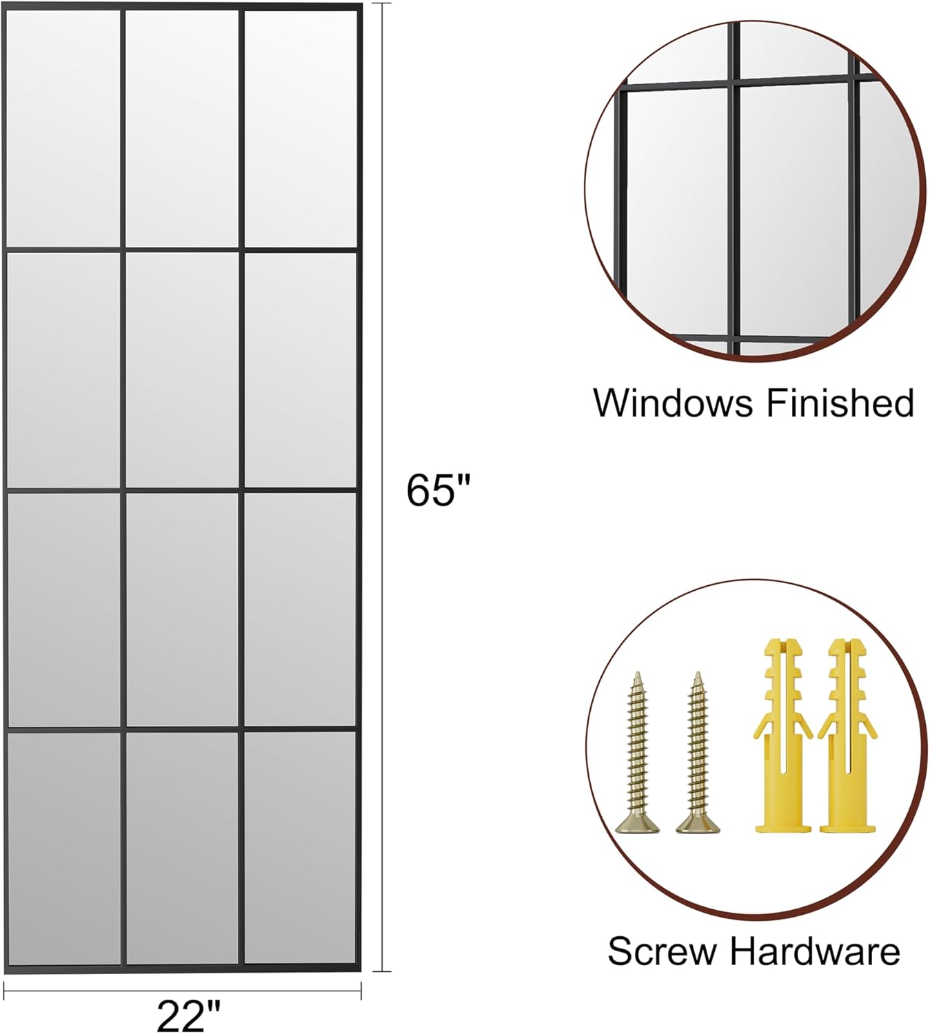 Mirror Full Length, 65"x22" Large Rectangular Mirrors, Black Window Pane Wall Body Mirror with Aluminum Frame, Farmhouse Standing Mirrors Hanging or Leaning for Living Room,No Stand