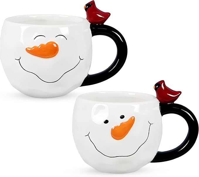 Young's Inc Ceramic Snowman Coffee Mug with Cardinal, Set of 2, Cups for Tea, coffee, Cold Drinks, Gift for Coffee Lovers, Parents, Microwave & Dishwasher Safe, Best Mom & Dad Gift, 14 Ounces