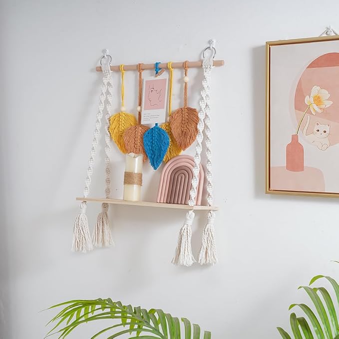 Macrame Wall Hanging Shelf, Bohemian Woven Tapestry Chic Woven Leaf Tassels Home Deco, Boho Handmade Wall Art Floating Shelf for Living Room, Bedroom, Nursery Backdrop, Apartment (Blue+Brown+Yellow)