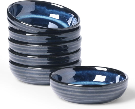 famiware Pluto Soy Sauce Dishes of 6, 3 oz Dipping Sauce Cups/Bowls/Dishes for Kitchen, Ceramic Small Bowls for Side Dish, Appetizers, Snacks, and Sushi, Reactive Glaze, Nebulas Blue