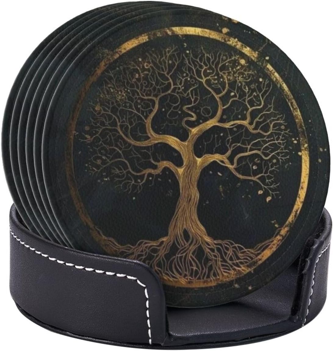 Drink Coasters with Holder Stand Set of 6, Marble Gold Tree of Life Pu Leather Absorbent Coasters with Cork Base Table Round Coaster for Housewarming Apartment Kitchen Bar Decor