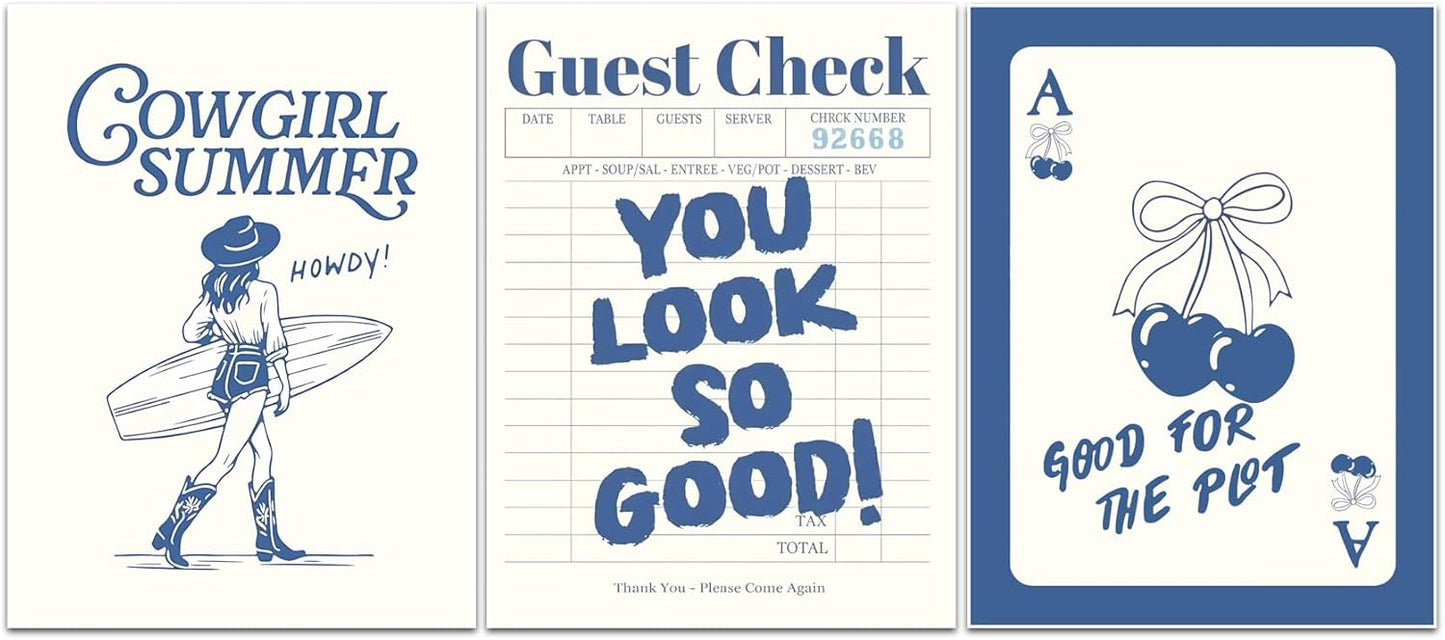 Blue Preppy Canvas Wall Art Poster Set of 3, Coastal Cowgirl Pictures Wall Decor Paintings, Trendy Cherry Guest Check Prints Aesthetic Home Decor for Teen Girls Bedroom Dorm 12x16 inch Unframed