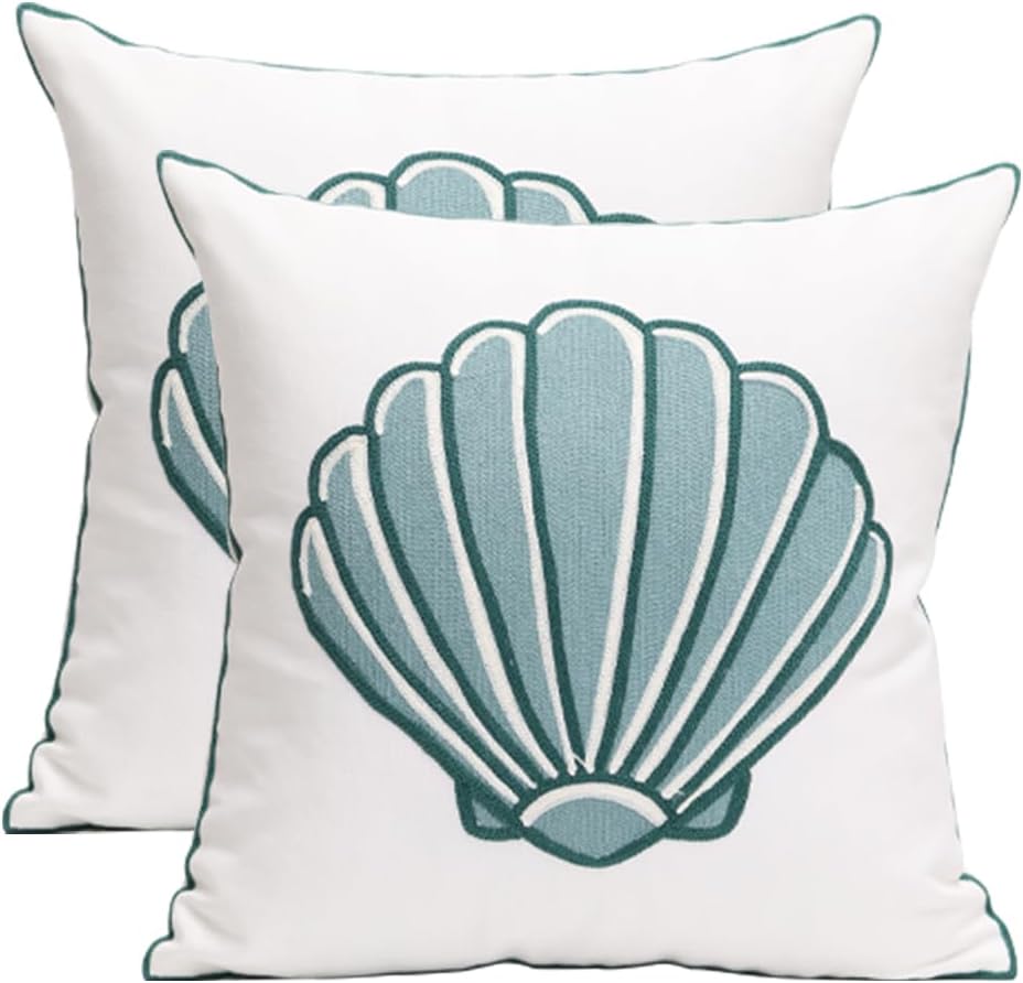 1 PCS Embroidered Throw Pillow Cover Cotton Decorative Square Cushion Cases for Home Sofa Bed and Chair 18 x 18 Inch (Blue Sea Shell-2)