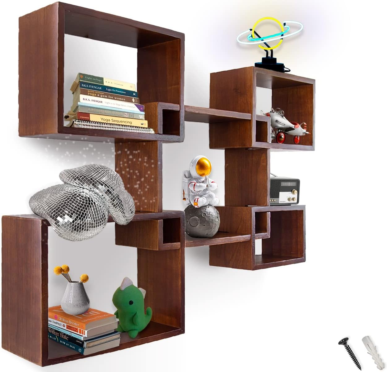 Comfify Modern Wall Mounted Square Shaped Floating Shelves – Set of 5 Square Shelves for Bathroom, Bedroom, Living Room & More – Rustic Wall Decor Display for Home - Brown