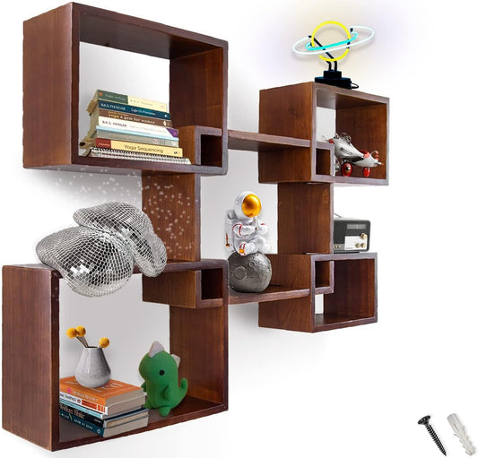 Comfify Modern Wall Mounted Square Shaped Floating Shelves – Set of 5 Square Shelves for Bathroom, Bedroom, Living Room & More – Rustic Wall Decor Display for Home - Brown