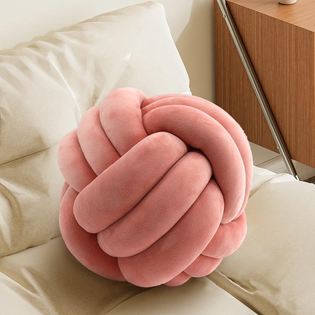 Knot Pillow Ball, Handmade Decorative Throw Pillow, Soft Round Knotted Cushion for Couch & Bedroom, Cute Home Decor, Braided Pillow for Living Room (10.6 Inches, Blush)