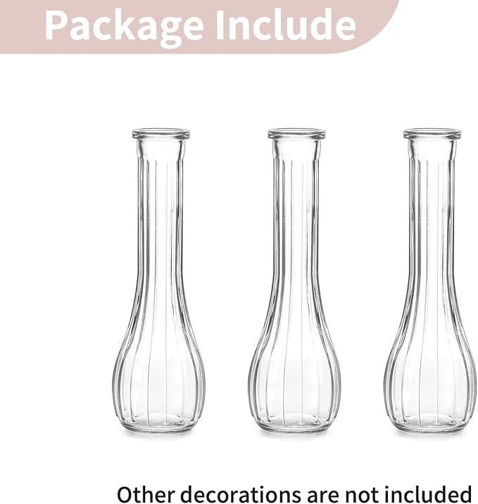 NUPTIO Glass Bud Vases Centerpiece: 3 Pcs Small Flower Vase for Wedding in Bulk - Cute Clear Ribbed Vase for Party Events Home Table Decor