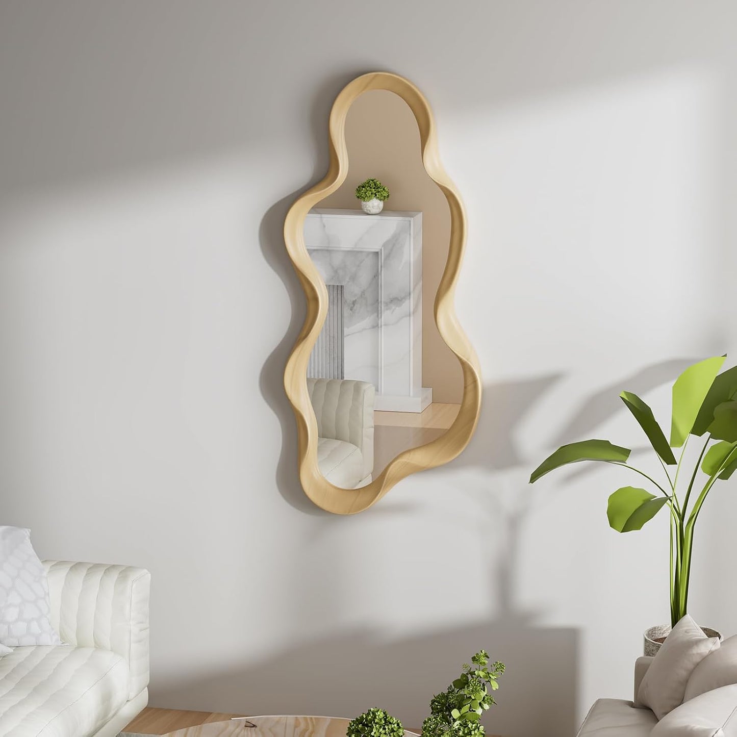 Irregular Wall Mirror, Wooden Framed Wall Asymmetrical Wavy Wall Mirror for Living Room Bedroom Entryway Bathroom Modern Decorative with Hanging Hooks 30x14 Inch