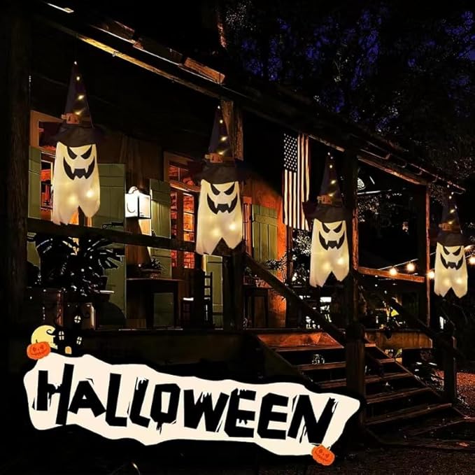 2PCS Hanging Lighted Glowing Ghost Witch Hat - 38 inch Length LED Decorations for Indoor/Outdoor Halloween Party Supplies