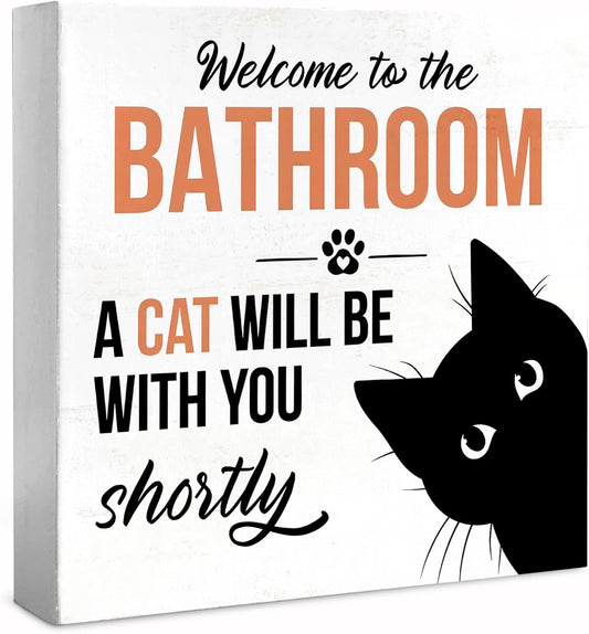 Funny Bathroom Black Cat Wall Desk Decor Wood Sign, Cute Cat Bathroom Decor Welcome Sign for Home Bath Rest Room Toilet, Gifts for Women Cats Lover, 5x5 inch