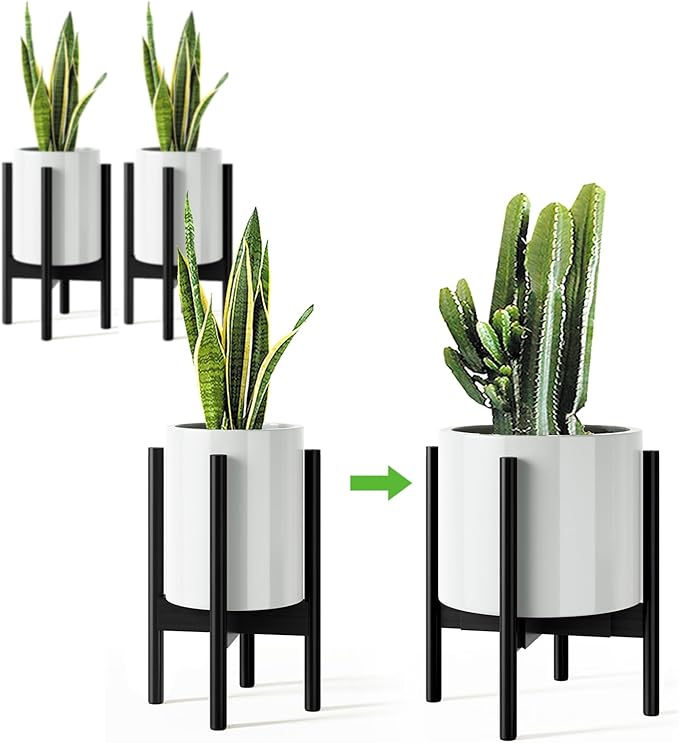 MUDEELA 2 Pack 14.5 Inch Tall Plant Stand for Indoor, Adjustable Width Bamboo Plant Stand for 8 9 10 11 12 Inches Pot, Single Tier Mid Century Modern Planter Holder Floor Stand, Black, Without Pot