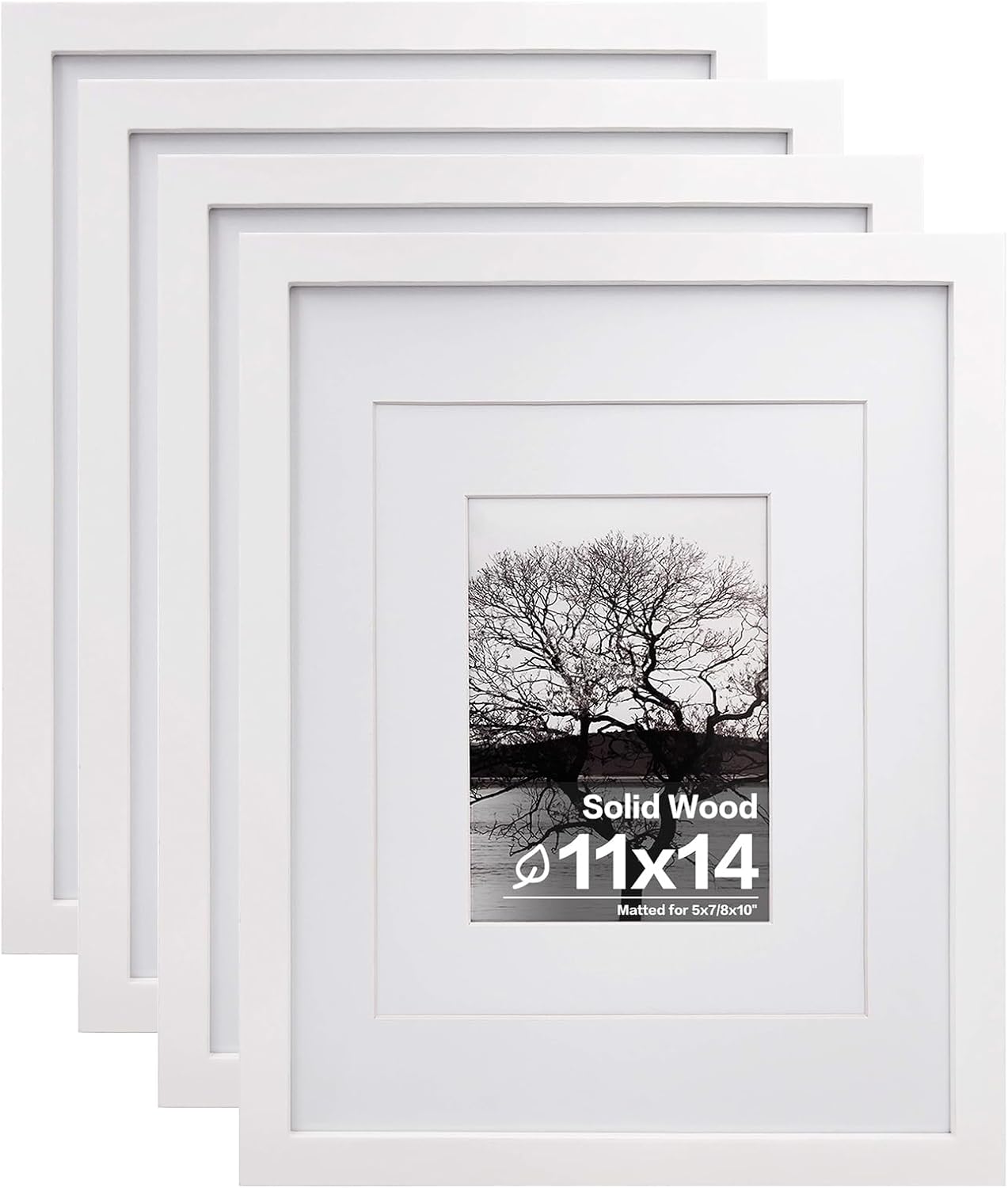 Egofine 11x14 Picture Frames Set of 4, Made of Solid Wood Covered by Plexiglass 5x7 and 8x10 with Mat or 11x14 without Mat, for Table Top Display and Wall Mounting Photo Frame White