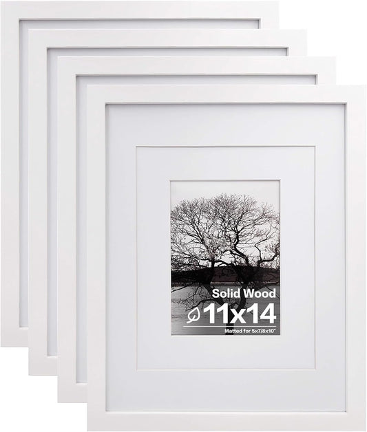Egofine 11x14 Picture Frames Set of 4, Made of Solid Wood Covered by Plexiglass 5x7 and 8x10 with Mat or 11x14 without Mat, for Table Top Display and Wall Mounting Photo Frame White