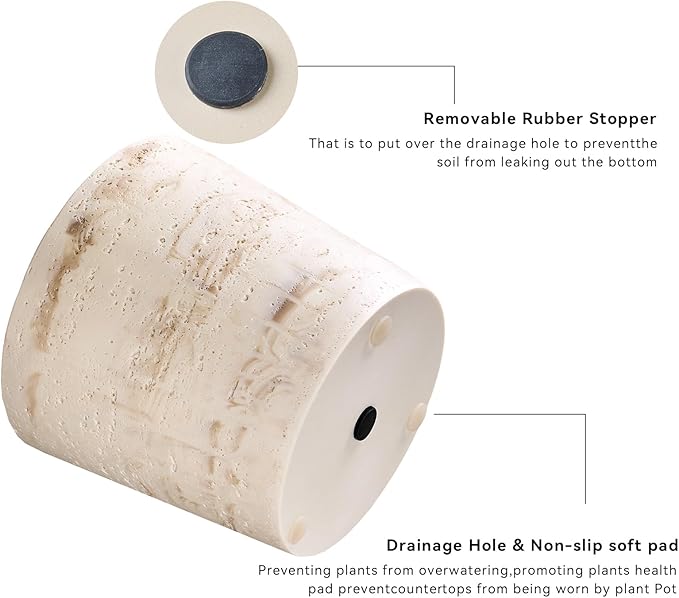 Ekirlin 7 Inch Natural Travertine Textures Plant Pot, Resin Outdoor Planter with Drainage Hole, Removable Rubber Stopper and Non-Slip Soft Pad,Weatherproof Decorative Pot for Indoor/Garden Plants