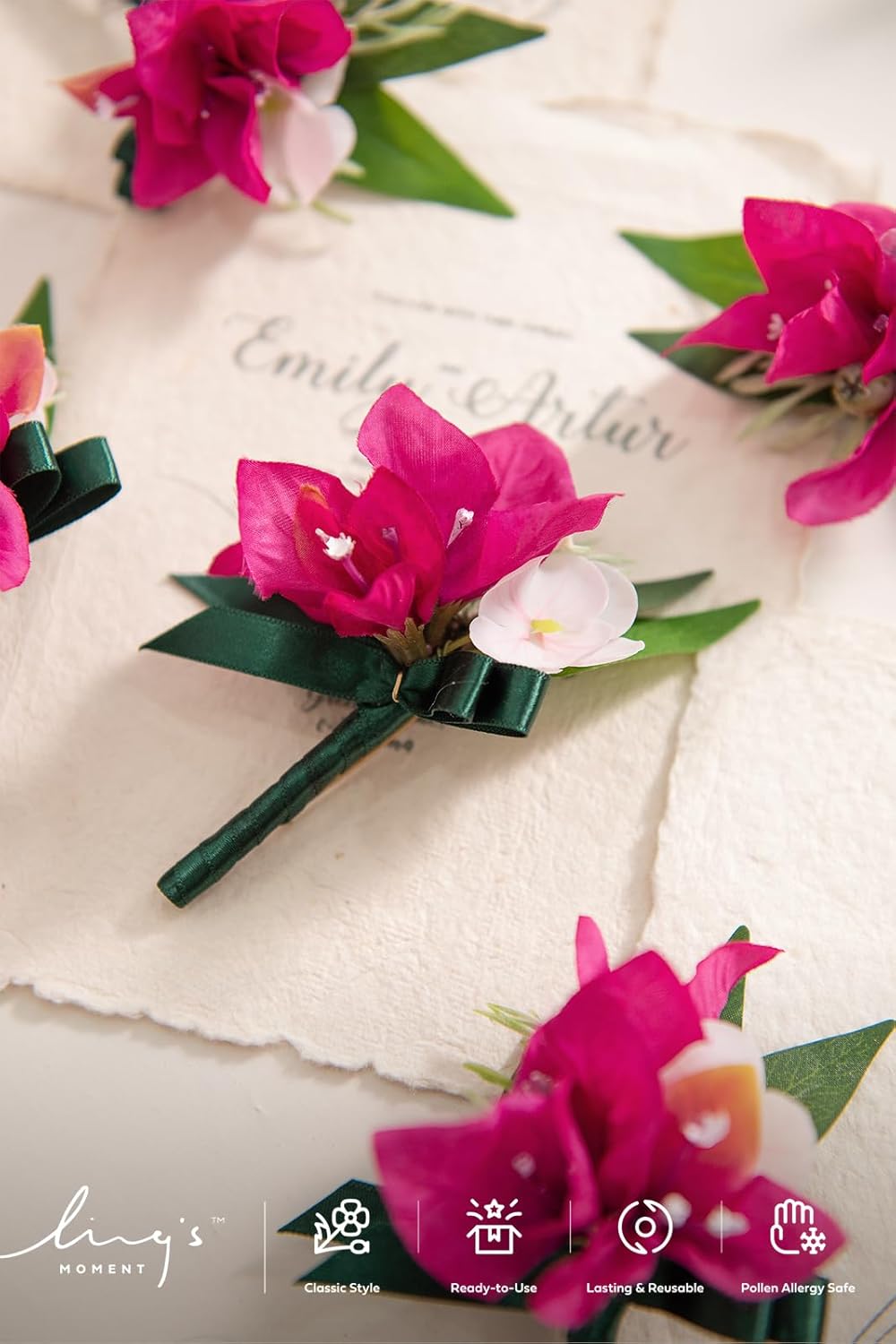 Ling's Moment Boutonniere for Men, 10pcs Groomsmen Guest Boutonniere, Artificial Flowers for Wedding Décor/Prom/Homecoming,etc.Hot Pink magenta Blush