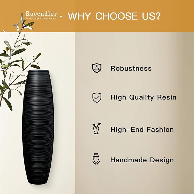 Tall Floor Vase, 27.5 inches (70cm, 2.3FT) Floor Vase Sturdy, Luxury, Textured for Decorative Branches Dried Flowers, Tall Vases for Rustic Living Room, Home Decor, Resin Black Vases