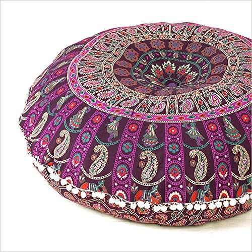 Eyes of India - 32" Purple Burgundy Floor Meditation Pillow Cushion Seating Throw Cover Mandala Hippie Round Colorful Decorative Bohemian Accent Boho Chic Dog Bed Indian Handmade Cover ONLY