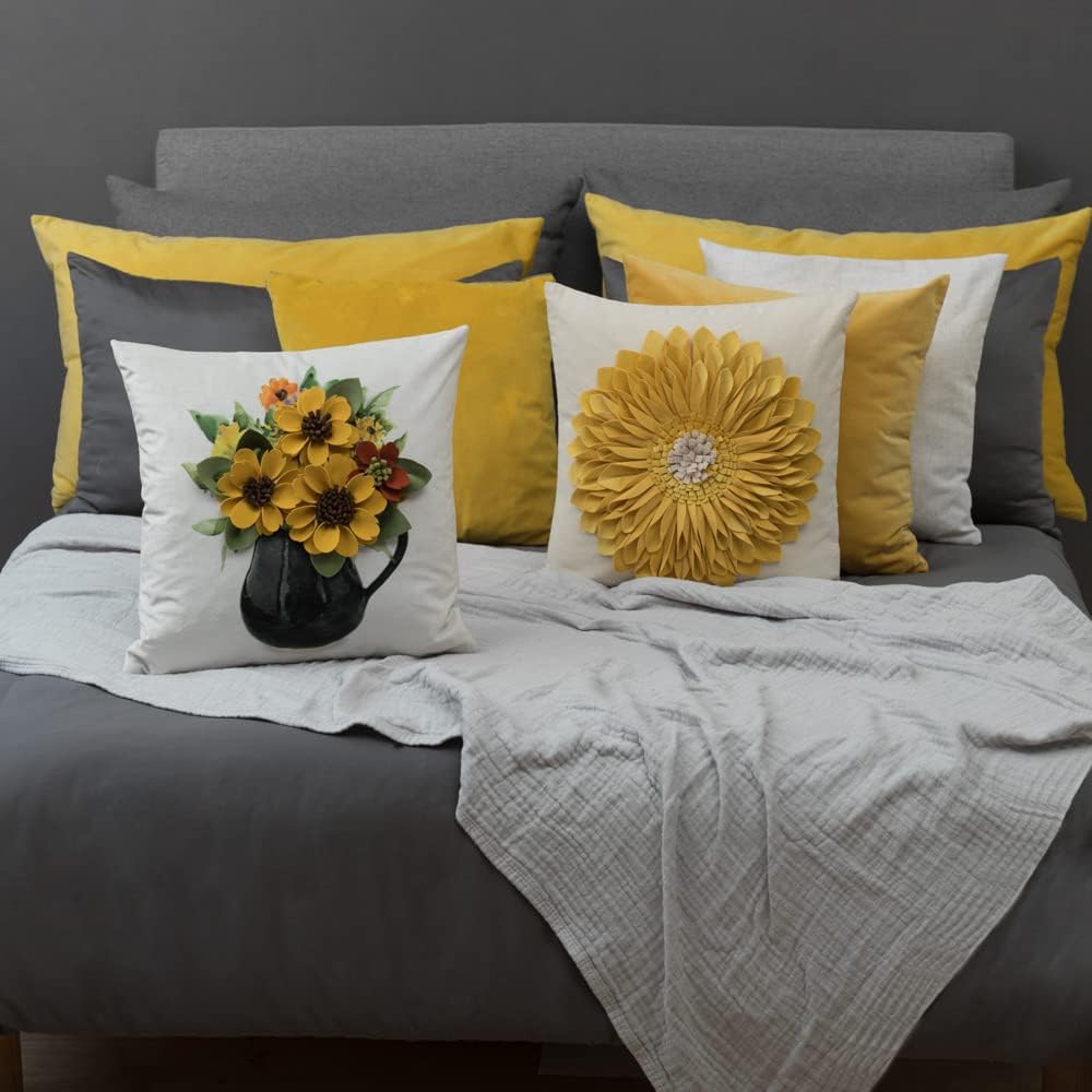 Decorative 3D Flower Throw Pillow Covers Accent Floral Flowerpot Pillowcases for Couch Bed Home Living Room Farmhouse Decor Yellow 18x18 Inch