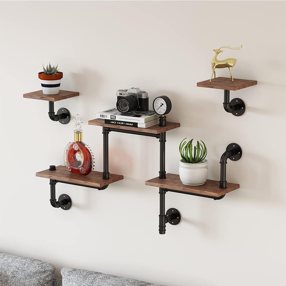 Industrial Pipe Shelving, Rustic Pipe Shelves for Wall Decor, Modern Ladder Shelf with Wood Planks, Floating Shelves Wall Mounted for Home, Living Room, Office(Set of 3 Bookshelf)