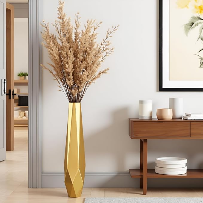 Tall Vases - 27.5" Tall Floor Vase for Home Decor, Resin Floor Vase with Handmade Dimensional Geometric Style, Fits Into Hay/Pampas Grass, Boho Living Room Decor (Gold)