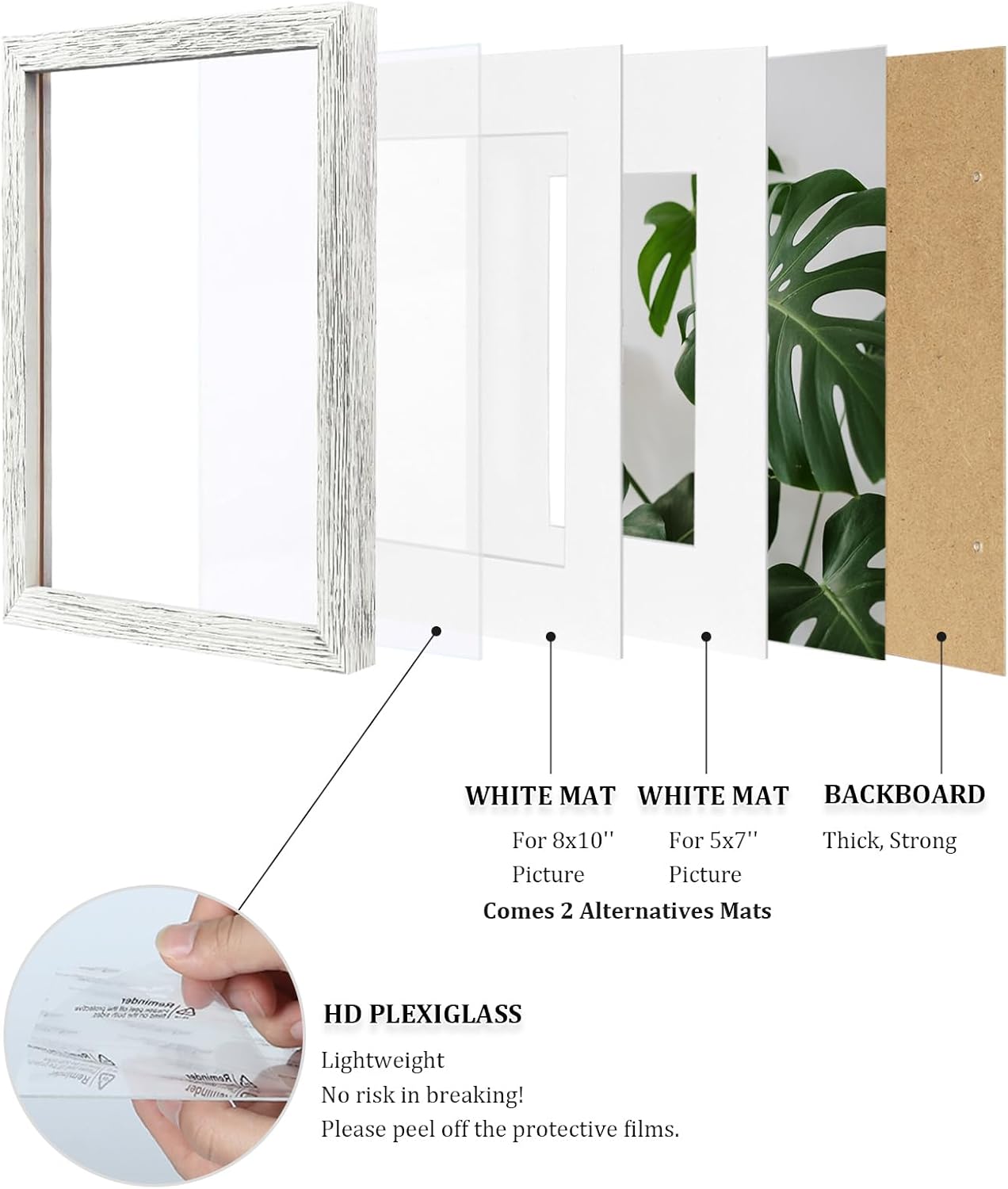 Egofine 11x14 Picture Frames Set of 4, Made of Solid Wood Covered by Plexiglass 5x7 and 8x10 with Mat or 11x14 without Mat, for Table Top Display and Wall Mounting Photo Frame Driftwood White