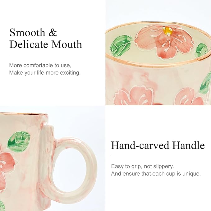3D Cute Ceramic Coffee Mug Gifts for Women Her Grandma Mom Mugs Pretty Japanese Tea Cup Pink Porcelain Floral Mug Valentine Mothers Day Gift Ladies Female Christmas Gift Flower Teacup Lover Girly Mugs