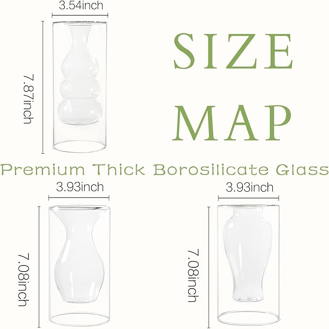 ZENS Unique Clear Small Flower Vase Set of 3, Modern Floating Decorative Vases, Double Hollow Cool Glass Vases, Hand Blown Bud Vases for Home Small Bouquet, Wedding Centerpieces