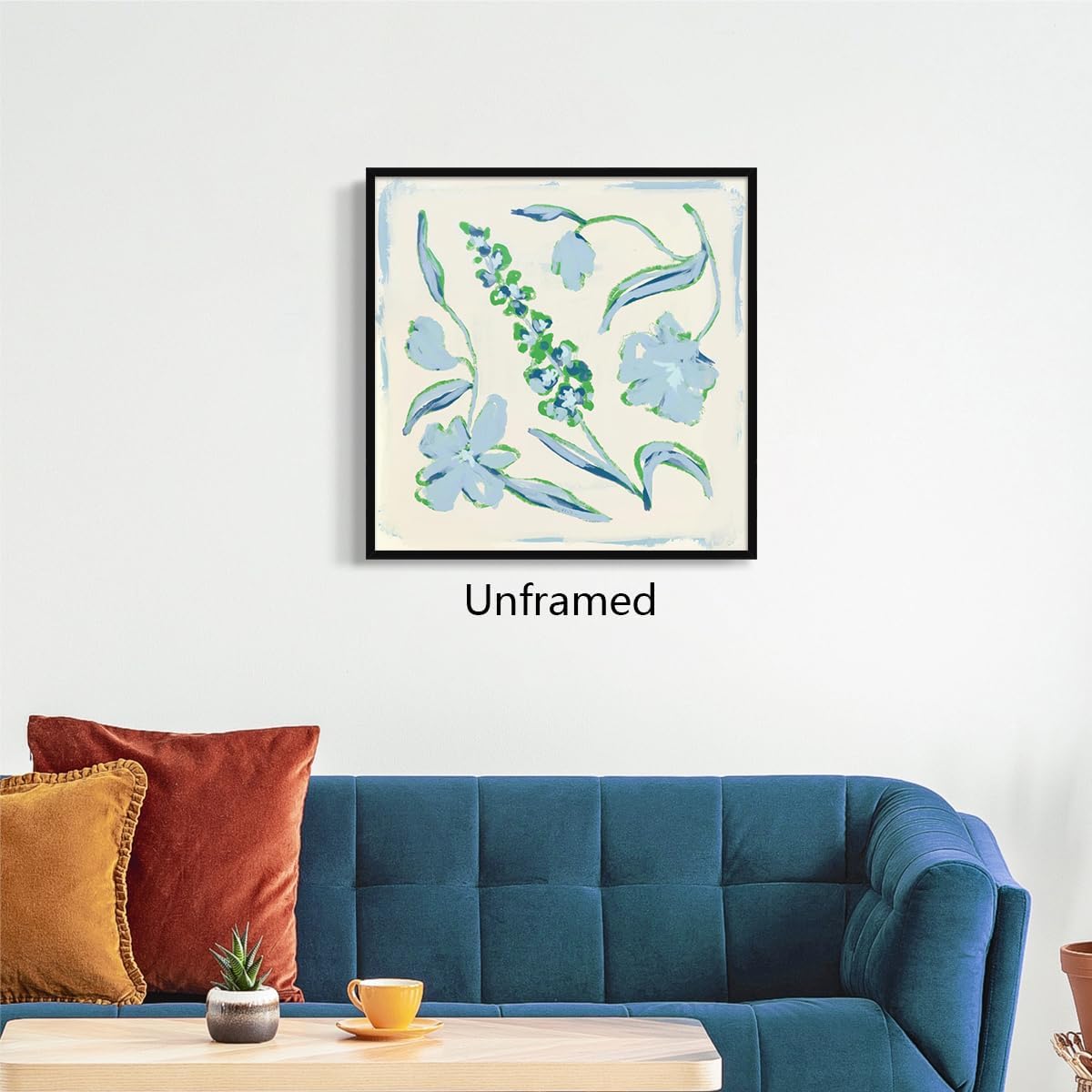 Flower Canvas Wall Art, Blue and Green Floral Aesthetic Poster, Chinoiserie Watercolor Botanical Print, Coastal Grandma Modern Southern Grandmillennial Plant Painting for Wall 24x24in Unframed