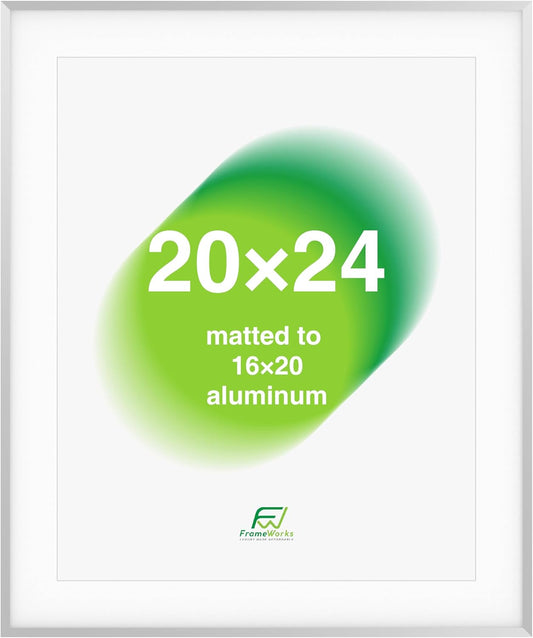 FrameWorks 20x24 Matted to 16x20 Picture Frame – Aluminum Frame w/Tempered Glass, Removable Mat for Photos, Poster, Art, Stylish Wall Frame for Home Decor, Gallery Walls, Office, Living Room - Silver