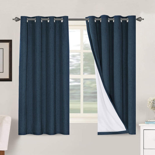 H.VERSAILTEX Linen Blackout Curtains 63 Inches Long 100% Absolutely Blackout Thermal Insulated Textured Linen Look Curtain Draperies Anti-Rust Grommet, Energy Saving with White Liner, 2 Panels, Navy