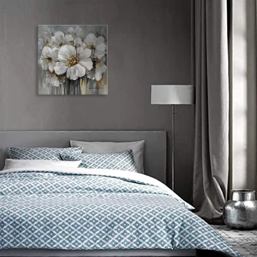 Living Room Flower Picture Wall Art White Floral Painting with Gold on Canvas for Gray Bedroom Decor 30" x 30"