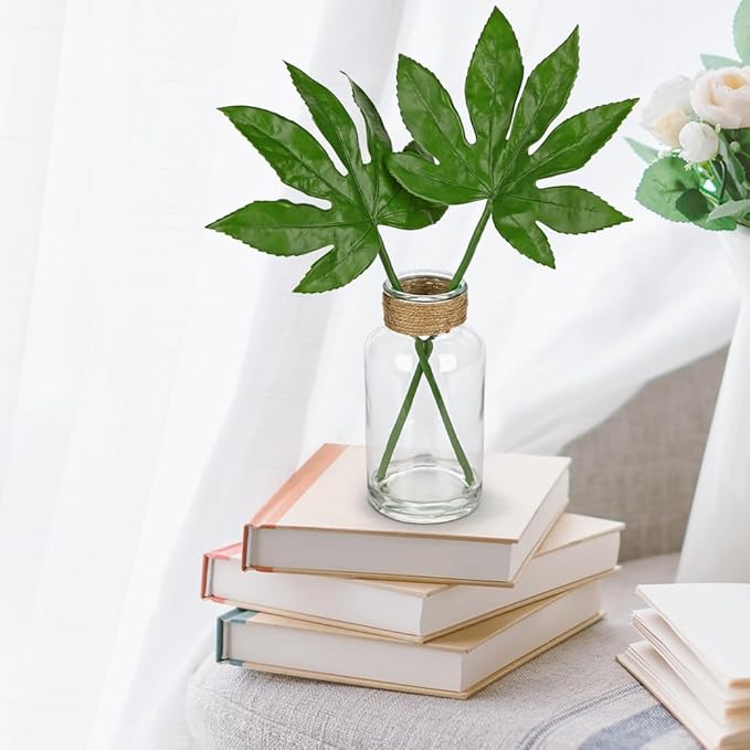 Fake Plants Faux Greenery Stems in Glass Vase with Faux Water, Realistic Silk Faux Plants Artificial Tropical Leaves for Home Bathroom Office Wedding Centerpiece Décor