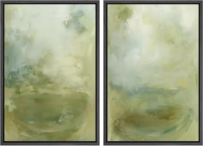 SIGNFORD Framed Canvas Print Wall Art Set Soft Green Abstract Contemporary Neutral Landscape Illustration Modern Art Decorative Nordic Nature for Living Room, Bedroom, Office - 24"x36"x2 Black