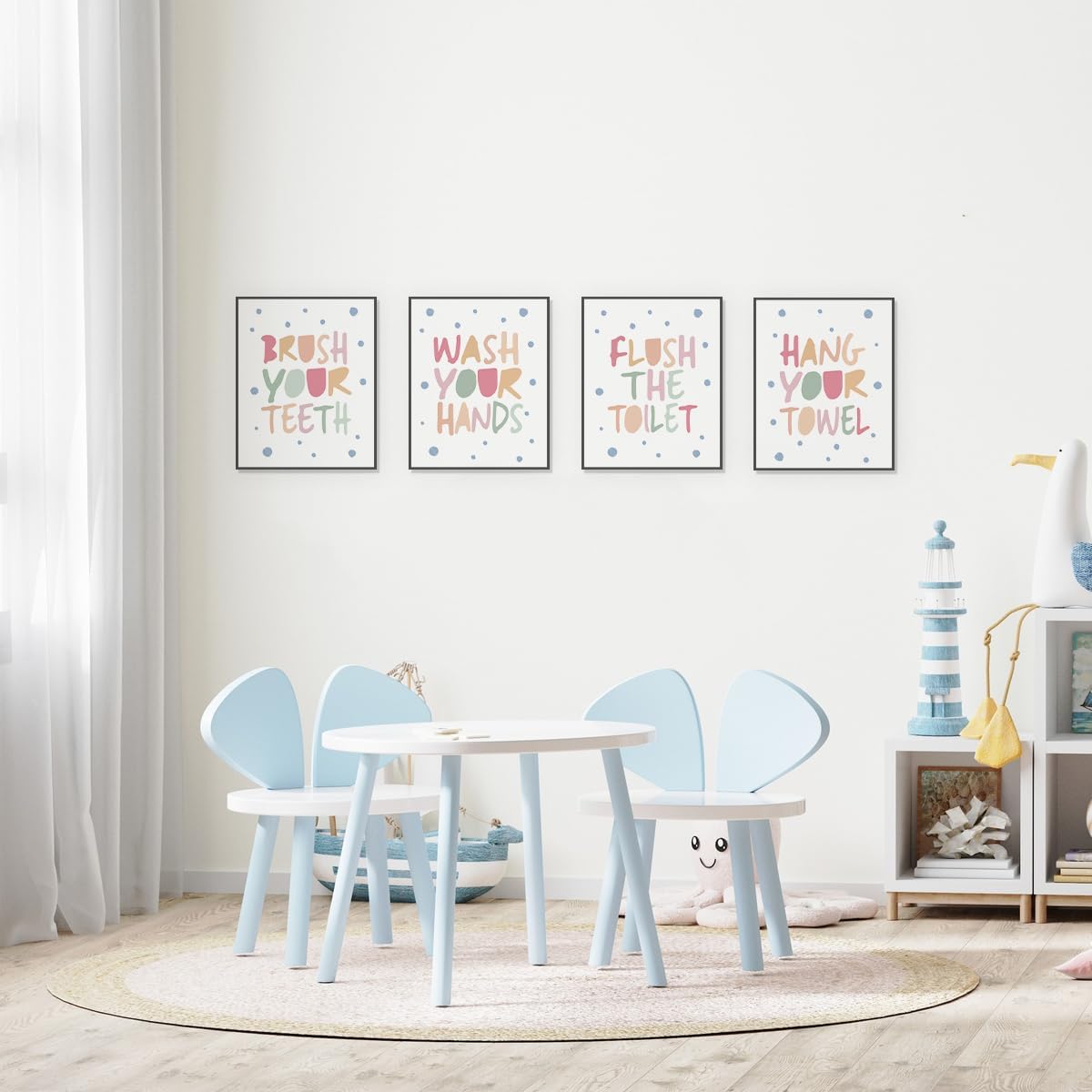 ETVISO Kids Bathroom Decor Set of 4, Kids Bathroom Wall Decoration Prints, Wash Your Hands Sign Decoration, 8x10 (Unframed)