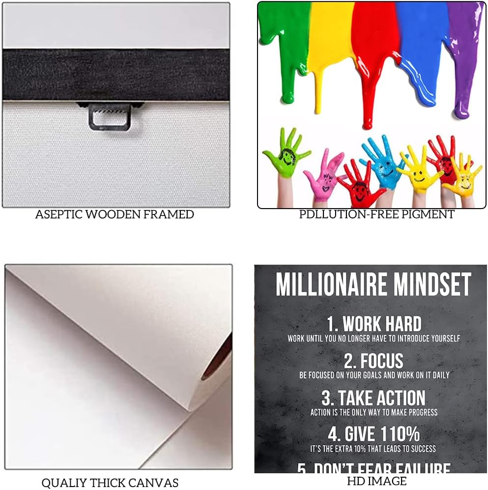 Millionaire Mindset 7 Rules Motivational Wall Art Inspirational Canvas Prints Positive Quotes Poster Success Artwork Office Picture Wall Decor Modern Home Decoration Framed- 24 x 36 inch