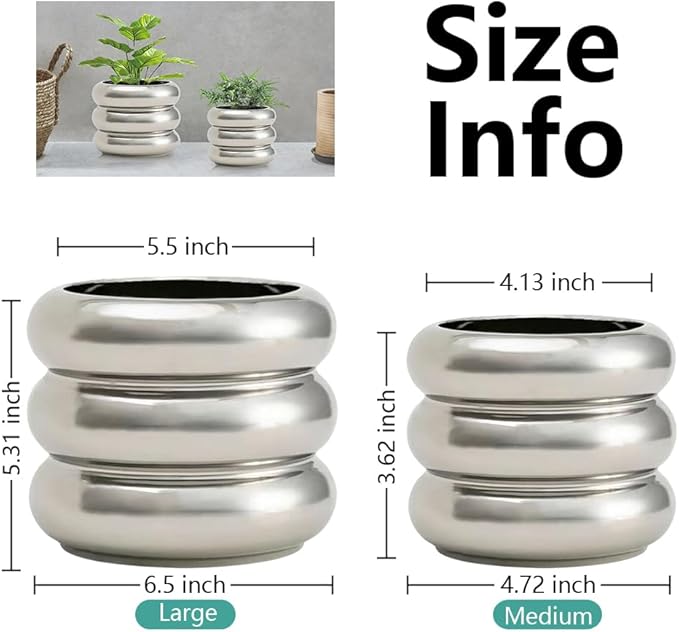 2 Piece Modern Ceramic Planter, 6.5/4.7 Inch Silver Plant Pot Set of 2 Unique Planters for Outdoor Indoor Flower Pots Plants with Drainage Holes Home & Office Decor with Mesh Pad