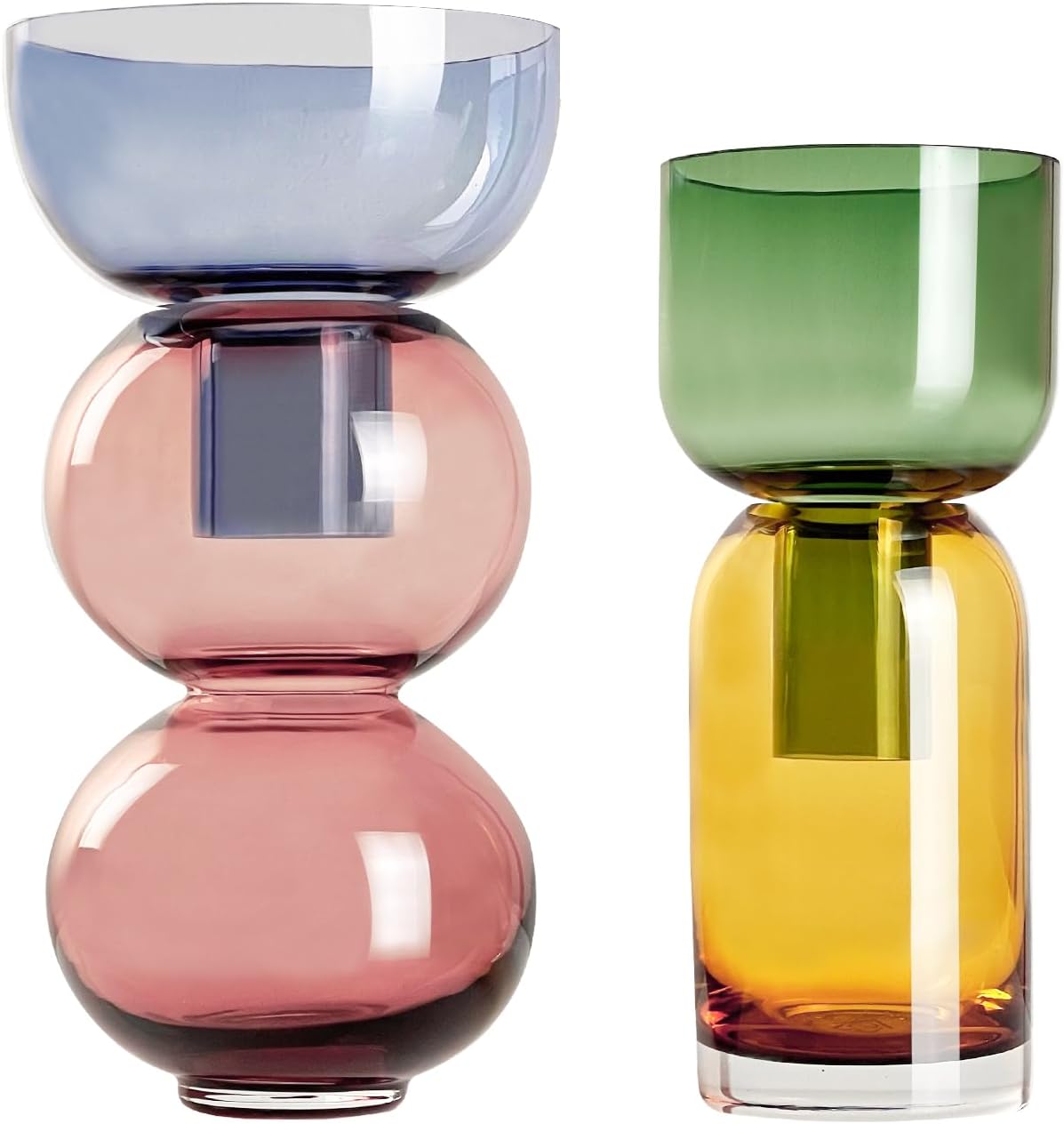 Cloudnola Reversible Glass Flower Vase and Bud Vase Set of 2, Pink & Blue and Green & Yellow, Ideal Gift Set, for Home, Wedding, and Event Décor (Cherry)