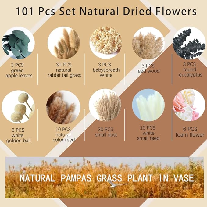 101pcs Natural Dried Pampas Grass Decor with Vase Artificial Flowers in Vase Boho Home Decor Bouquet Bunny Tails Dried Flowers, Reed Grass Bouquet for Wedding Floral Arrangements (101pcs)