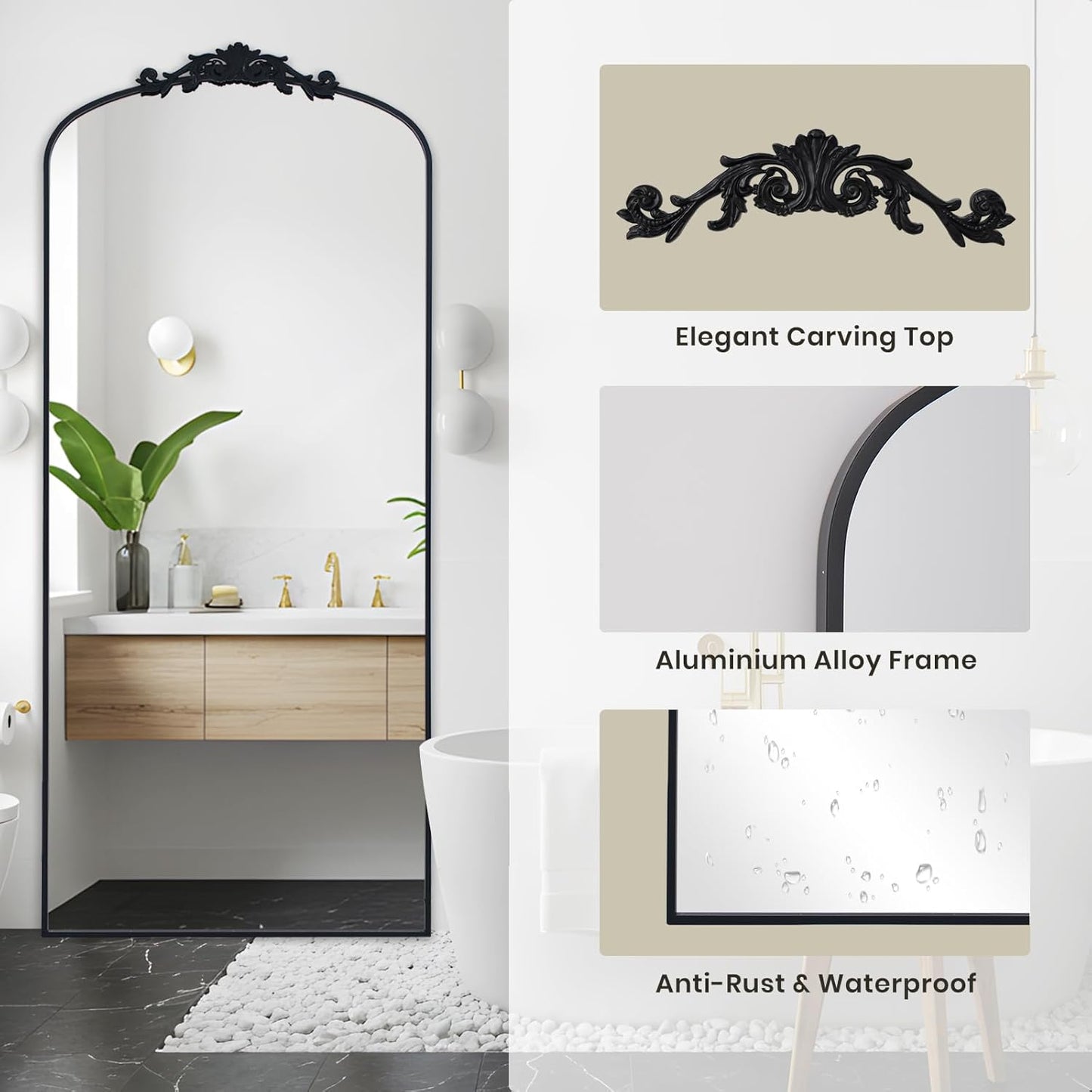 Filigree Floor Mirror 71"x30" Full Length Freestanding with Vintage Ornate Carved Applique Full Body Mirror Hanging Wall Mounted for Living Room Bedroom Retro Home Decor Mirror, Black