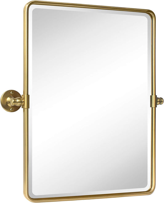 Farmhouse Gold Metal Framed Pivot Rectangle Bathroom Mirror Rounded Rectangluar Tilting Beveled Vanity Mirrors for Wall, Overall 22.91 x 24 inches (Mirrror 19 x 24 inches)