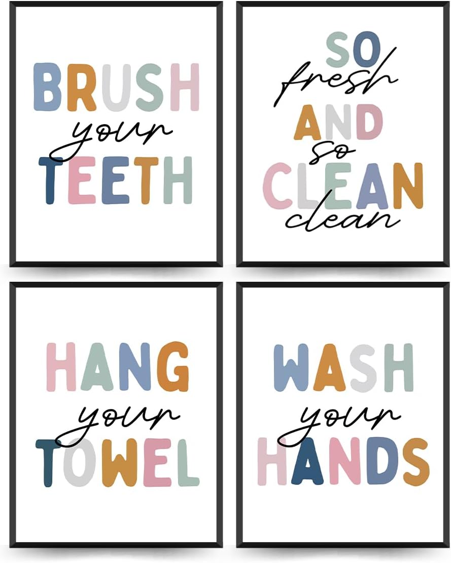 ETVISO Kid Bathroom Decor,Nursery Wall Art Prints,Funny Bathroom Wash Your Hands Signs Prints,8x10 Inch Set Of 4 Unframed