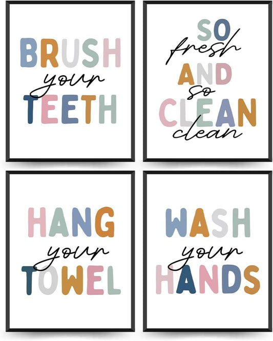 ETVISO Kid Bathroom Decor,Nursery Wall Art Prints,Funny Bathroom Wash Your Hands Signs Prints,8x10 Inch Set Of 4 Unframed