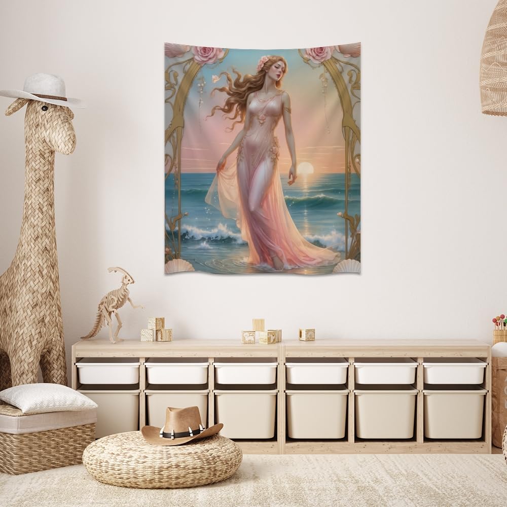 Medpol Elegant Vintage Goddess Tapestry Pink Coastal Woman Wall Hanging, Shell Rose Sunset Ocean Decor Cool Girls Dorm Room Tapestry for Bedroom Living Room Aesthetic 40x60inch