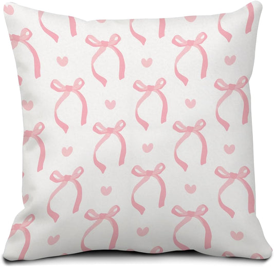 Decorative Throw Pillow Covers 18x18 Inch, Cute Home Decor for Living Room Outdoor Funny Pillowcase Polyester Cushion Case Pink White Bows