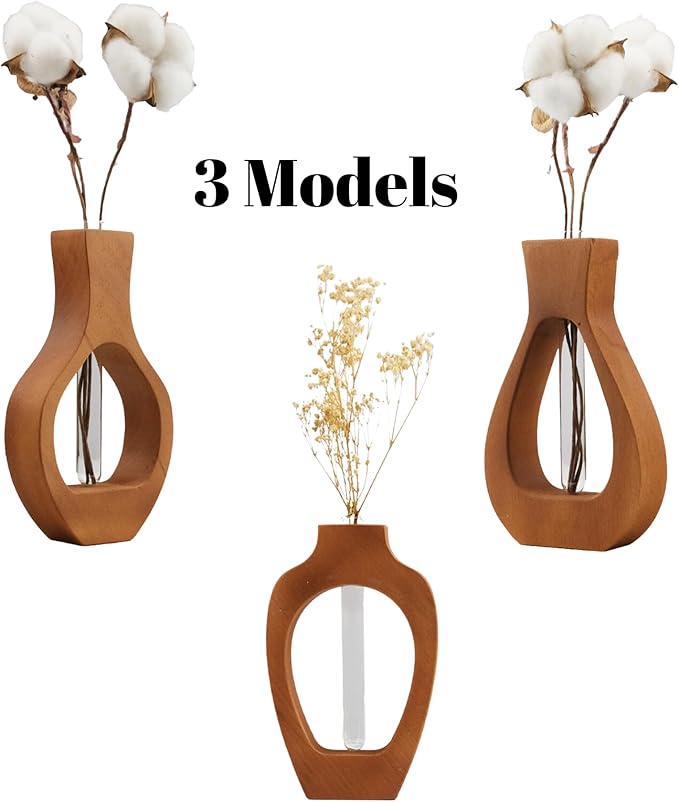 Wood Vase for Flowers Decor | Modern Boho Minimalist Vase Circle with Hole Decorative Vases Home Offices Living Room Table Vase Decorations (Wood-Vase-3)
