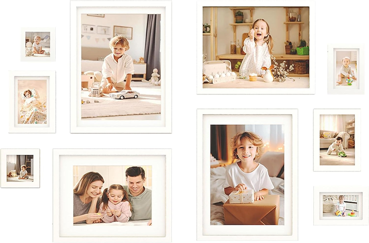 Egofine Picture Frame Set 10 Pack, Picture Frames Collage Wall Decor with Two 12x16,Two 11x14,Two 5x7,Two 4x6,Two 4x4 for Wall and Tabletop, Made of Solid Wood, Covered by Plexiglass, White