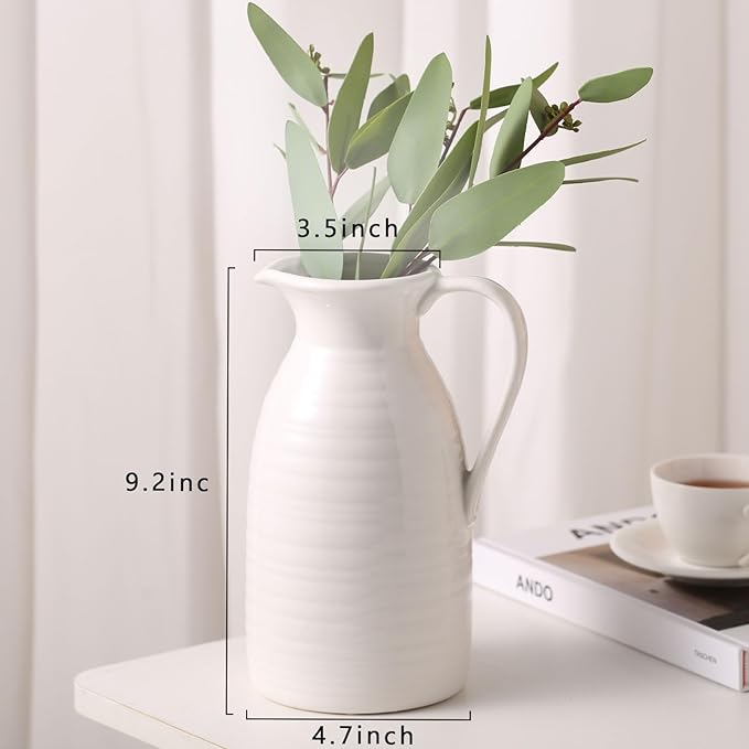 hjn Farmhouse Pitcher Vase for Flowers- Ceramic Pitcher White Flower Vase for Your Kitchen/Home Decor/Office/Living Room/Bookshelf/Mantel/-White