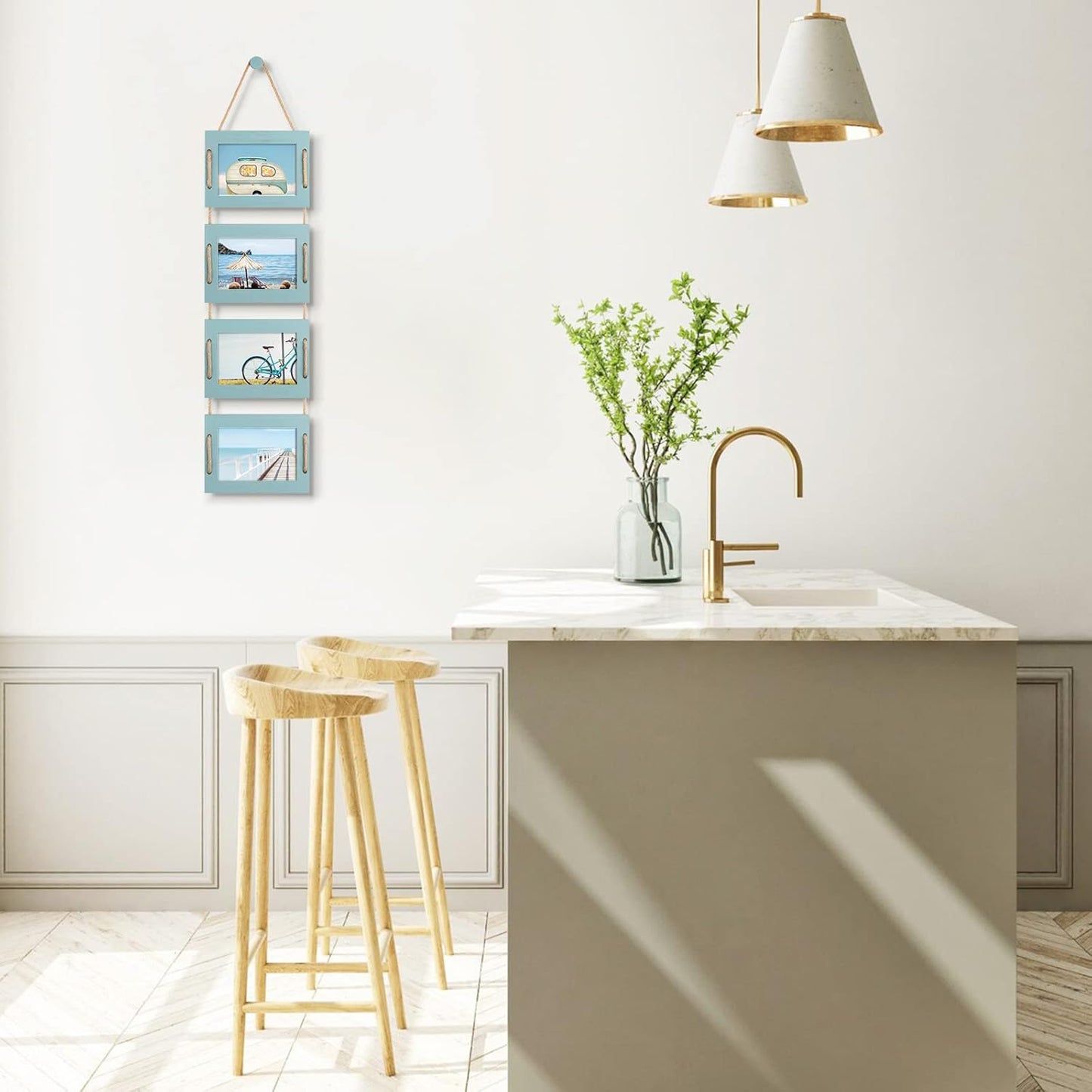 DLQuarts 4x6 Hanging Collage Picture Frames Wall Decor, 4-Opening 4x6 Photo without Mat Rustic Wood Frame with Hemp Rope, 1 Pack, Ocean Blue